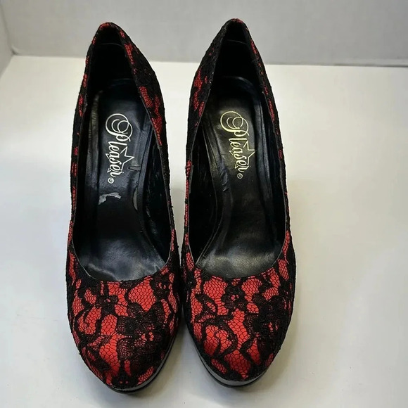 Pleaser Bliss-30-2 Platform Pump High Heel Shoes Lace Black Red Women's Size 7 - Picture 2 of 10